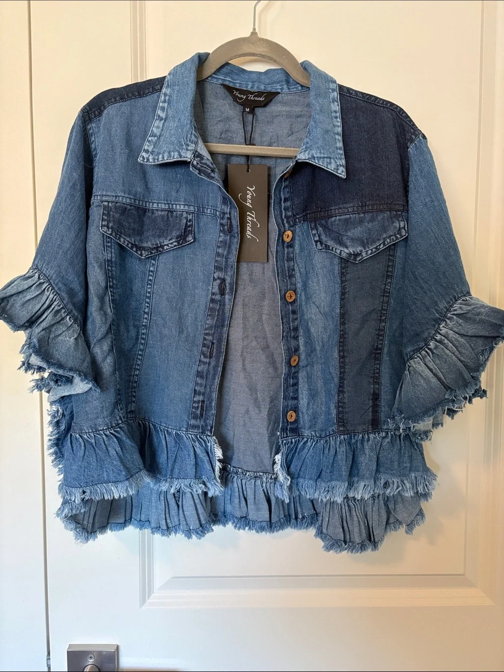 Young Threads Blue Patchwork Ruffle Denim Shirt - Picture 1 of 3